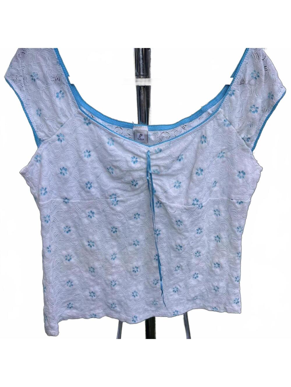 Y2K Finesse Brand White and Blue Babydoll Top Measures Modern  L